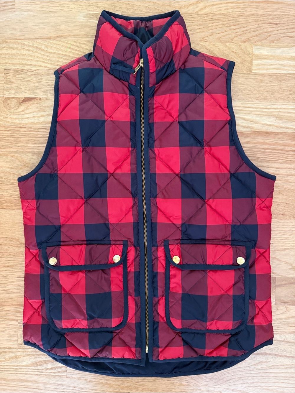 J Crew Excursion Puffer Vest Red Buffalo Plaid Navy Blue Down Fill Womens - Picture 10 of 11